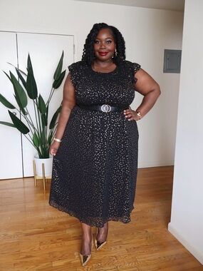 Lane Bryant Black/Gold Polka Dot Flutter Sleeve Midi Dress, Size 26/28